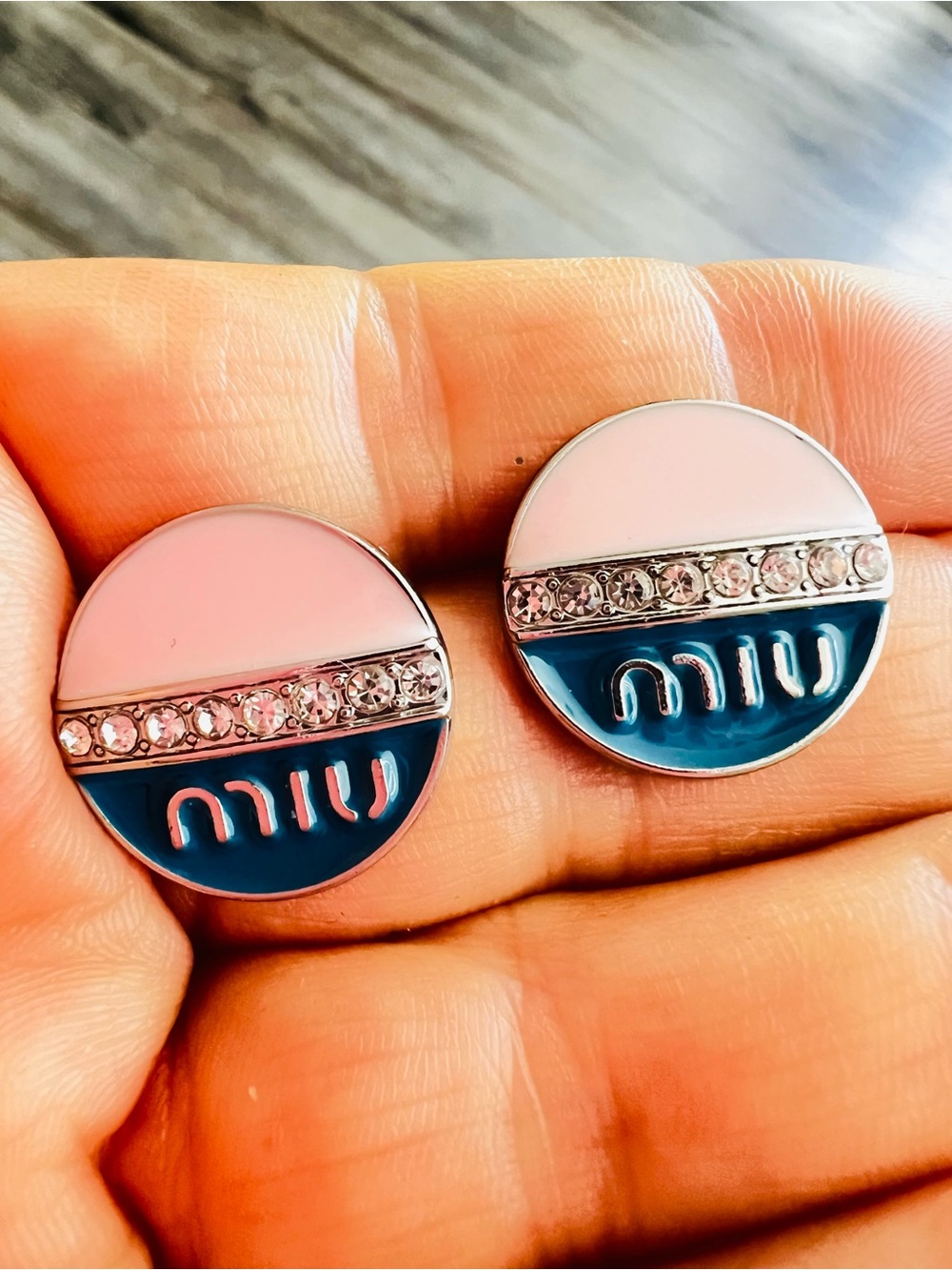 Miu Miu Pink & Blue Crystal-Trim Round Stud Earrings
